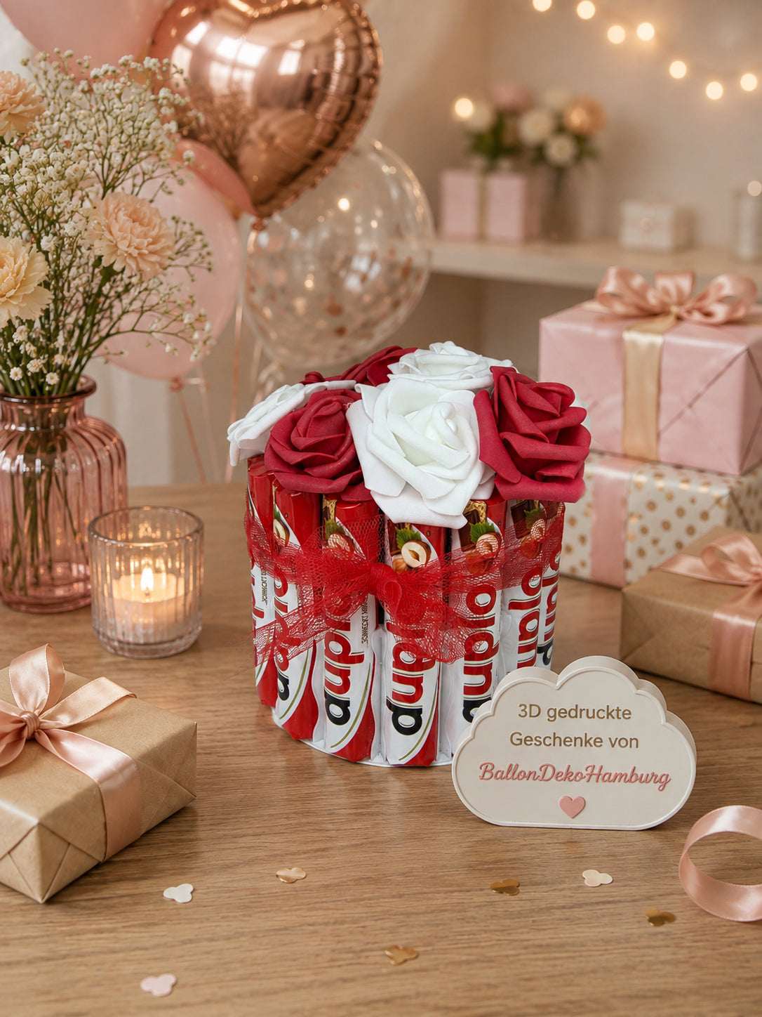 3D-gedrucktes Geschenk mit Süßigkeiten & Blumen
